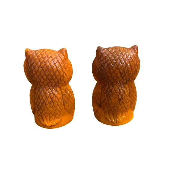 Vintage 70's Plastic Owl Salt Pepper Shakers Orange Brown Winking Eye Hong Kong - Picture 2 of 4